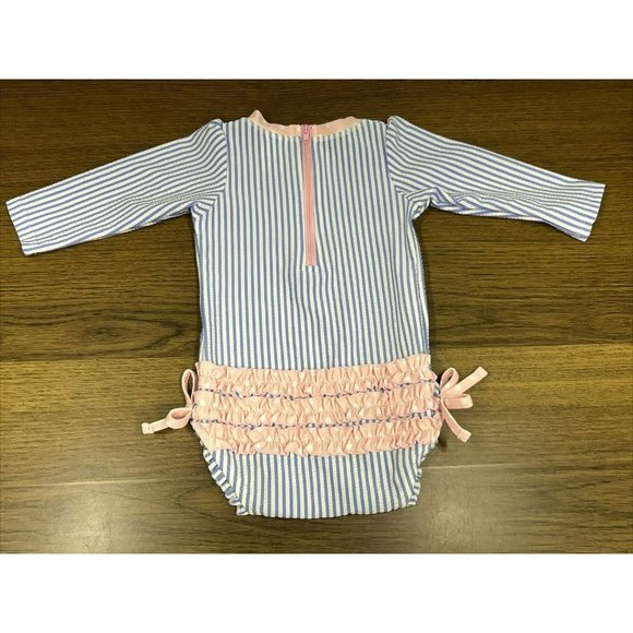 Ruffle Butts Blue and Pink Striped Kids Swim One Piece - Picture 5 of 7